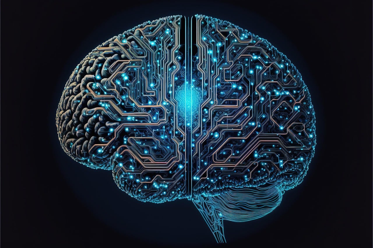 Cervello umano stilizzato con circuiti elettronici luminosi azzurri su sfondo scuro, simbolo di intelligenza artificiale.